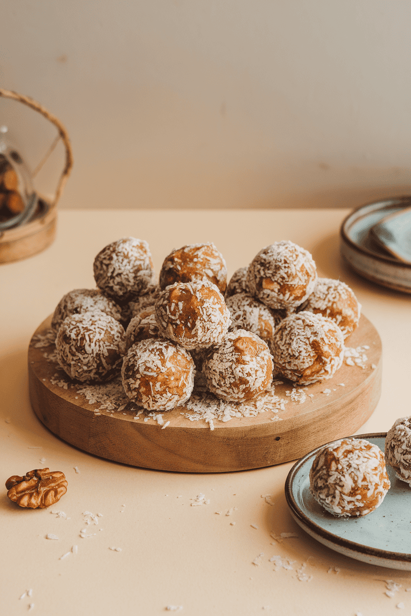 Photo of an indoor wooden board displaying round date-walnut energy bites rolled in shredded coconut, evenly lit, no text or logos visible.