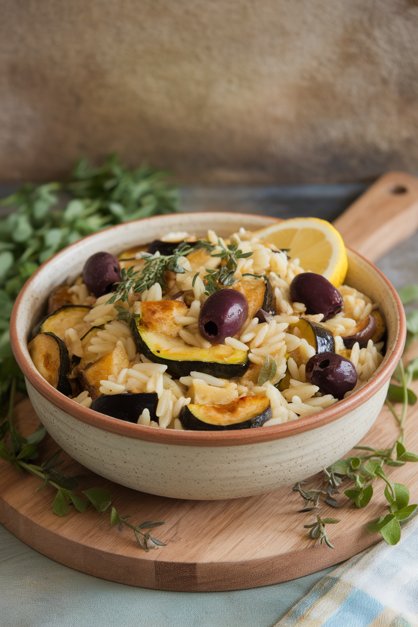Photo, indoor ceramic bowl of orzo mixed with roasted zucchini, eggplant, and olives, lightly dressed; no text or logos.