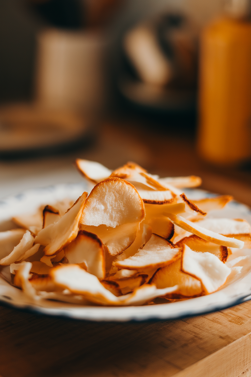 Indoor close-up of toasted coconut chips scattered on a small white plate, golden edges catching warm light. No text or logos.