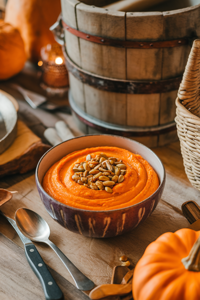 An indoor harvest table with a bowl of bright orange sweet potato dip crowned by toasted pepitas. Photo, no text or logos.