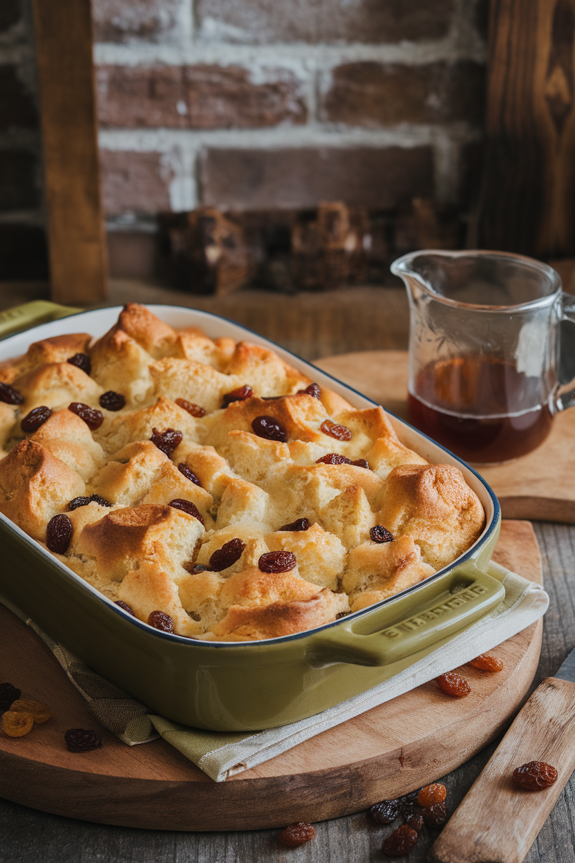 An indoor casserole dish with golden bread pudding dotted with raisins, served with a rum glaze pitcher on the side. Photo only, no text or logos.
