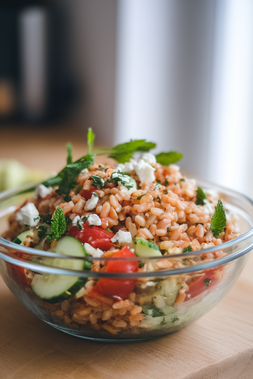 Indoor photo of a bowl of cooked farro salad with tomatoes, cucumber, and feta; no text or logos