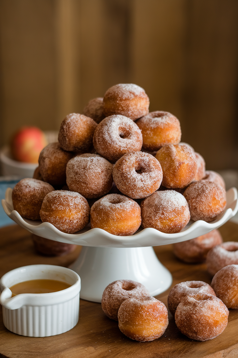 Indoor cake stand piled high with cinnamon-sugar coated donut holes, small ramekin of apple cider glaze beside. Photo, no text or logos.