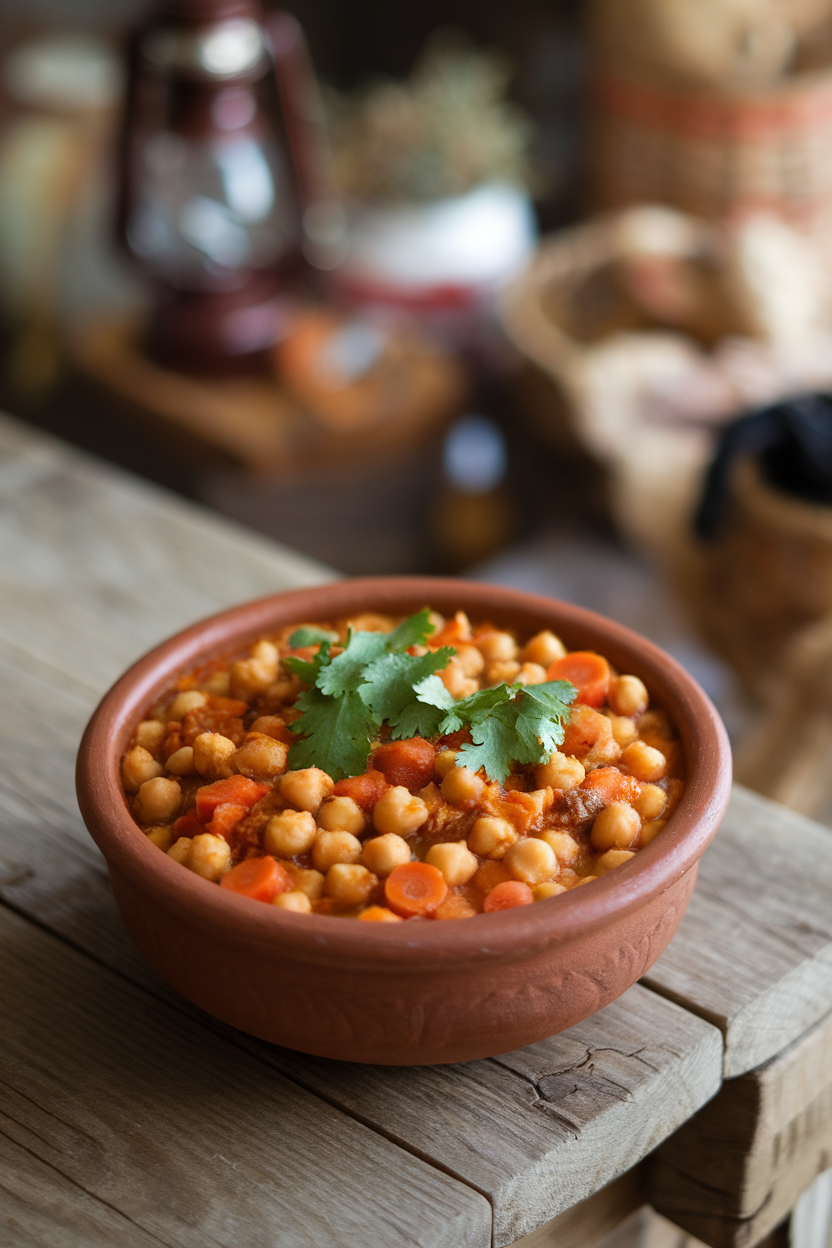 A clay bowl on an indoor table filled with vibrant chickpea stew flecked with carrots, tomatoes, and warm spices, cilantro sprinkled on top. No logos or text, photo.