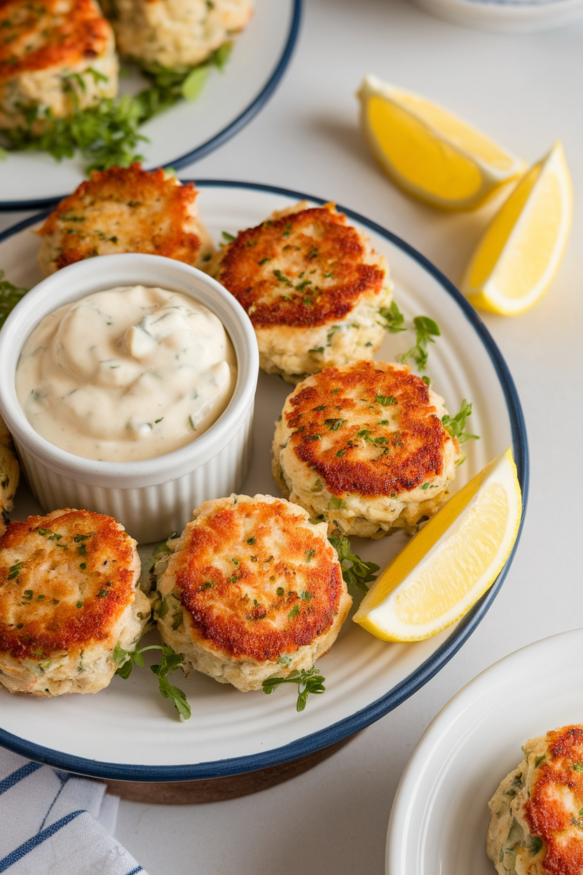 An indoor serving platter showcasing golden mini crab cakes with a small ramekin of creamy remoulade sauce, lemon wedges at the side. No text or logos. Photo only.