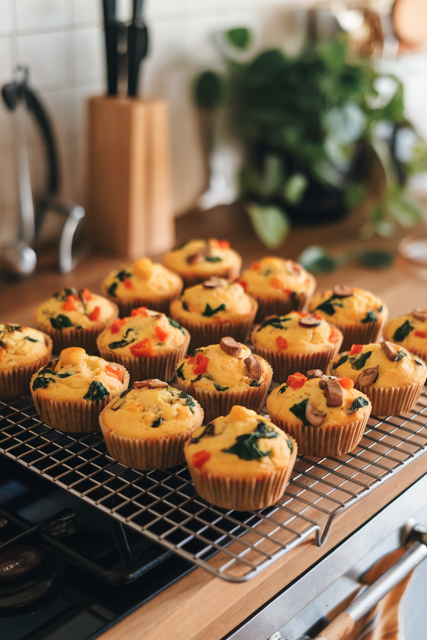 An indoor kitchen island lined with a cooling rack of golden egg muffins dotted with spinach, bell peppers, and diced mushrooms. No text or logos visible; photo only.