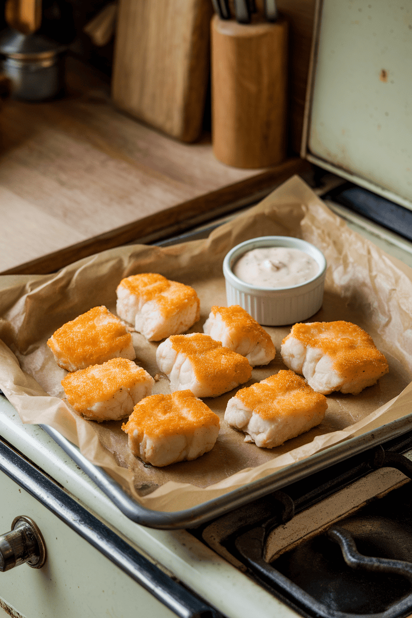A photo inside a kitchen of golden baked cod nuggets resting on parchment, small ramekin of tartar sauce nearby. No logos or text.