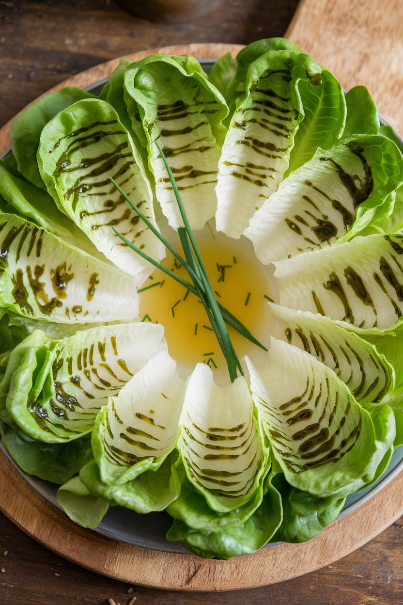 Indoor photo of halved baby gem lettuces drizzled with green chive vinaigrette on a platter, garnished with extra chives; no text or logos.