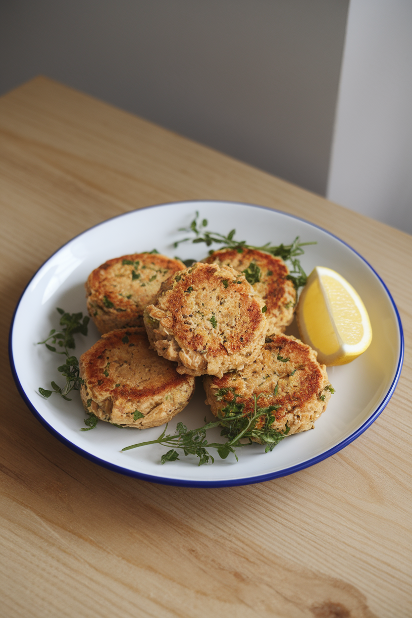 Photo, indoor serving plate with golden cooked tuna patties dotted with green herbs, lemon wedge on side; no text or logos.