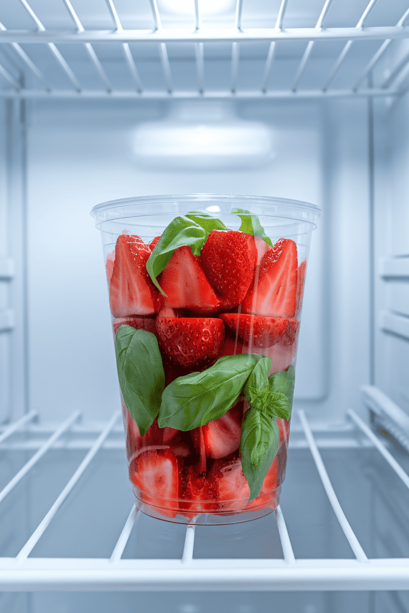 Indoor fridge shelf view of clear plastic cups layered with sliced strawberries and fresh basil ribbons, no text