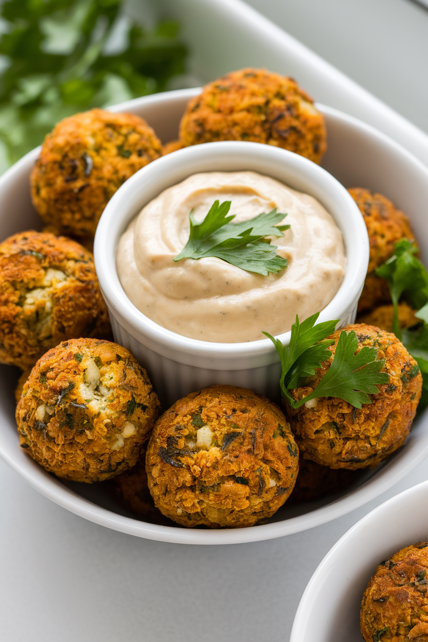 Photo of a small indoor bowl of golden falafel balls with a ramekin of creamy tahini dip, garnished with parsley; no text or logos.