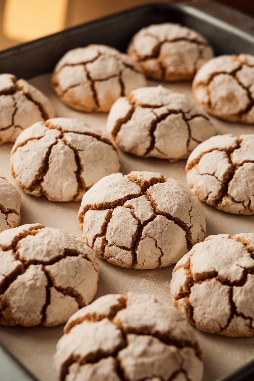 Indoor baking tray of powdered-sugar coated crinkle cookies showing deep cracks and dark centers. Warm lighting, no logos. Photo only.