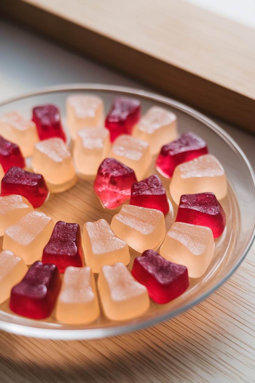 Indoor macro shot of translucent collagen gummies in peach and raspberry hues arranged in a shallow dish, no text or logos.