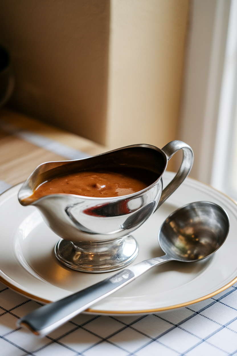 A small gravy boat indoors filled with rich brown gravy beside a ladle, no text or logos. Photo.</Prompt