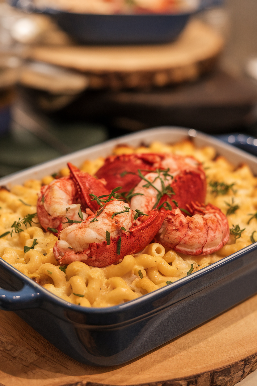 Casserole dish of baked macaroni and cheese studded with cooked lobster meat, photographed indoors. No text or logos. Photo.
