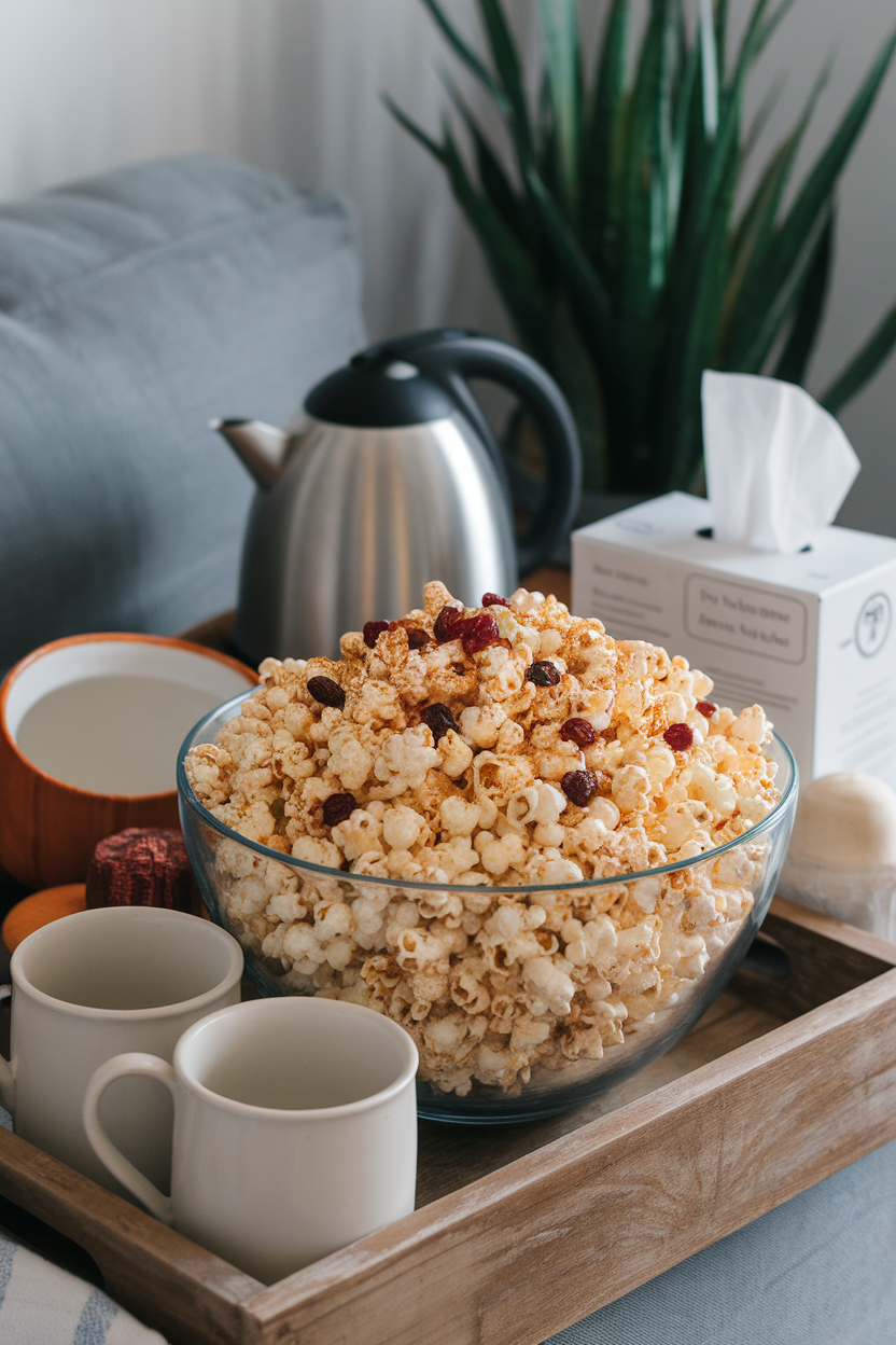 Indoor movie-night setup featuring a large bowl of caramel popcorn dusted with pumpkin spice and scattered dried cranberries. Photo, no text or logos.
