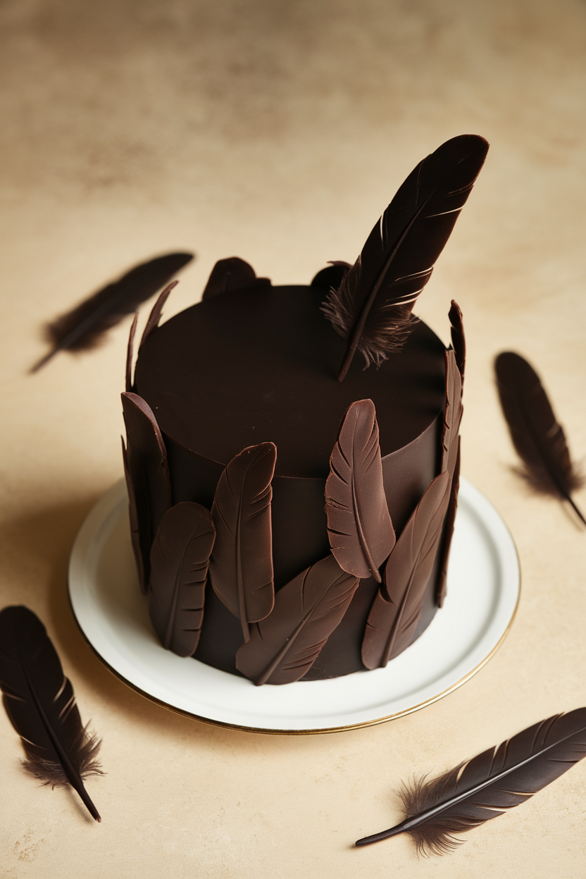 Indoor photo of a matte black velvet cake adorned with delicate dark chocolate feathers standing upright. No text or logos.