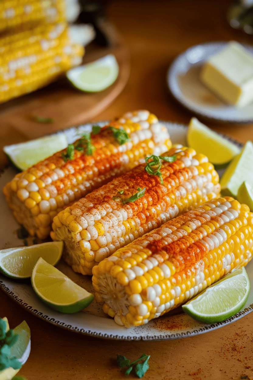 A warmly lit indoor table holding a platter of grilled corn cobs brushed with melted butter flecked with chili powder and lime zest, lime wedges scattered around. No text or logos; photo, not illustration.