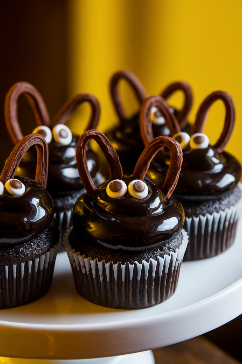 Indoor lighting on dark chocolate cupcakes topped with glossy black frosting, licorice whiskers, and candy-coated chocolate eyes, no text or logos.