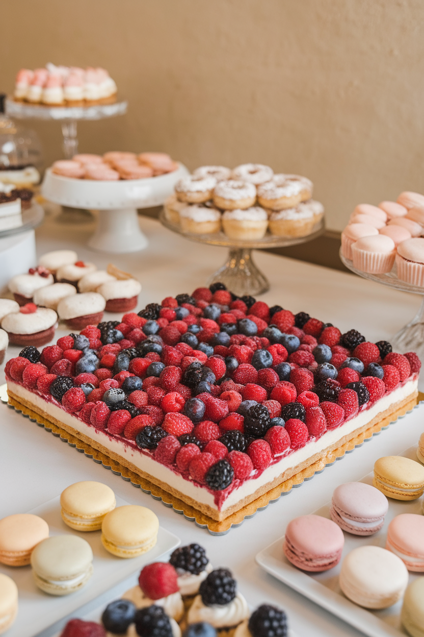 An indoor dessert table with a rectangular tart topped edge-to-edge in mixed berries, glossy and vibrant against a creamy white filling. No text or logos.