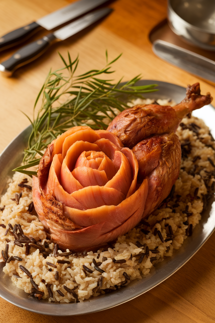 Indoor photo of carved roasted pheasant on a platter with wild rice pilaf, no text or logos. Photograph, not illustration.
