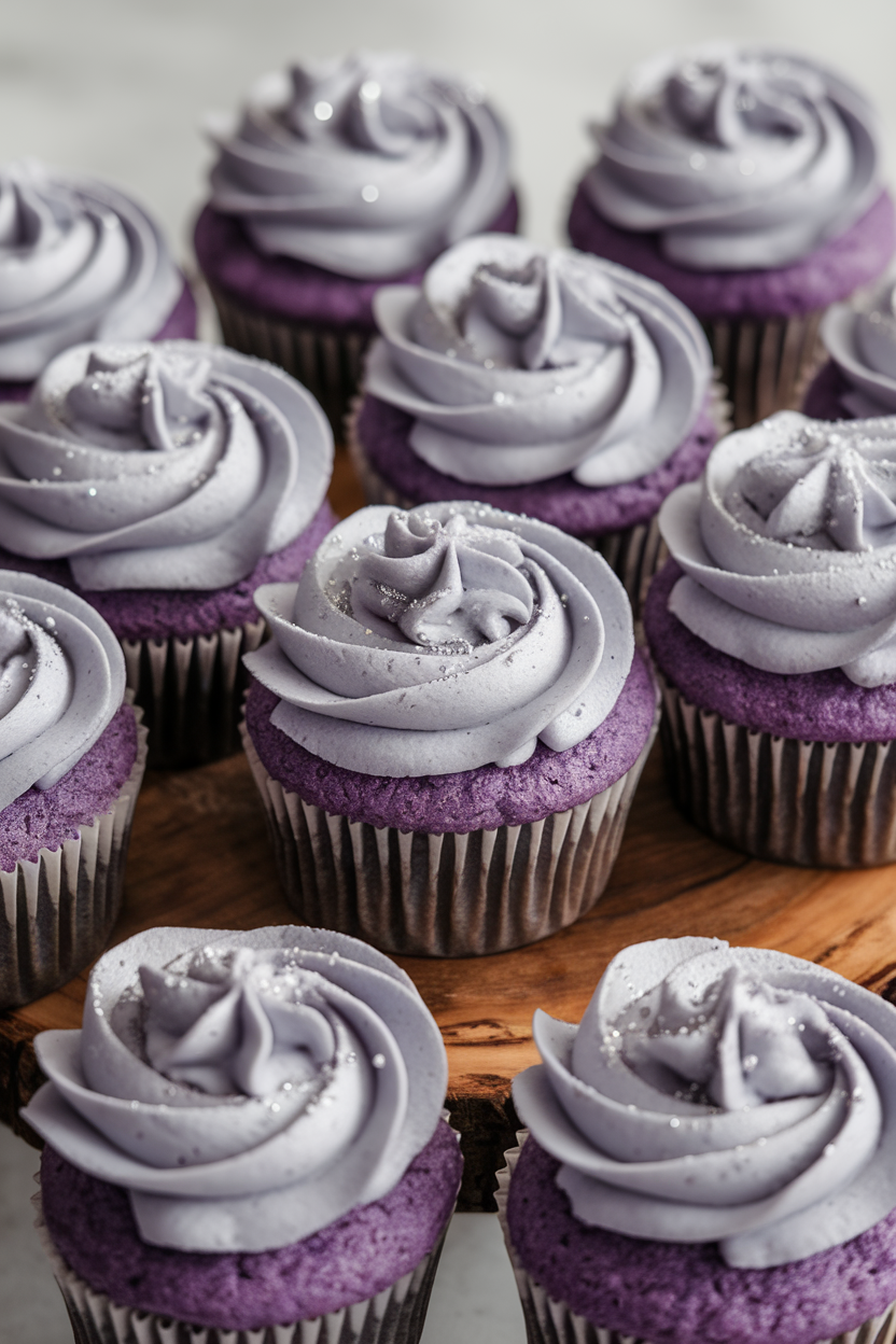 Indoor studio shot of pale purple lavender cupcakes with light gray frosting and a soft swirl of silver shimmer dust, no text or logos.