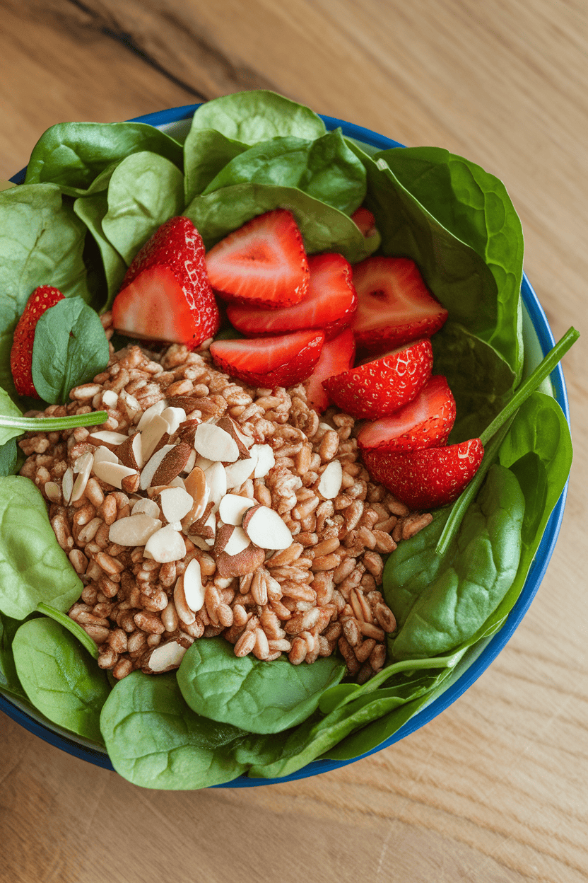 An indoor salad bowl featuring bright green spinach leaves mixed with farro grains, sliced strawberries, and a sprinkle of sliced almonds. No text or logos present. Photo, not illustration.