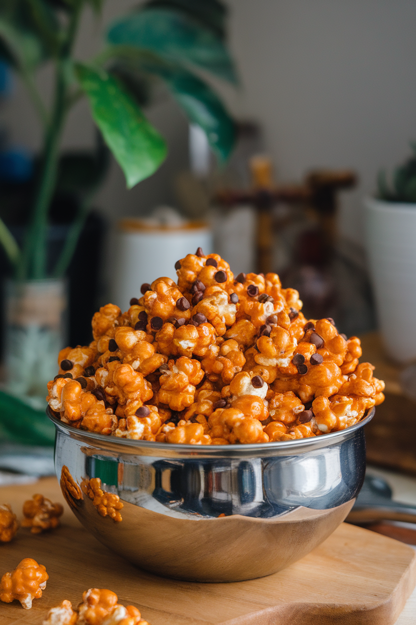 A metal indoor bowl overflowing with glossy caramel corn sprinkled with mini chocolate chips and orange drizzle. Photo only, no text or logos.