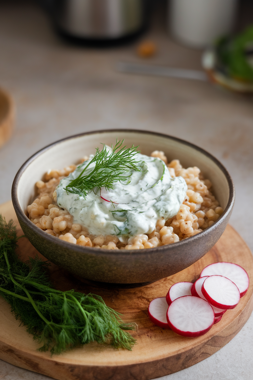 Indoor photo of barley topped with creamy cucumber yogurt (tzatziki-style), dill, and sliced radishes. No text or logos.