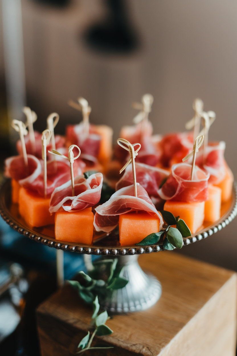 An indoor platter showcasing bite-sized cantaloupe cubes wrapped in thin prosciutto slices, secured with toothpicks. No text or logos. Photo, not illustration.