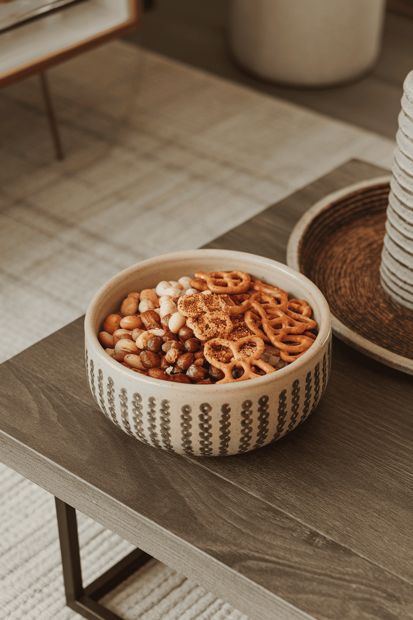 Photo of a ceramic bowl filled with mixed nuts, pretzels, and spicy seasoning, set on an indoor coffee table. No text or branding visible.