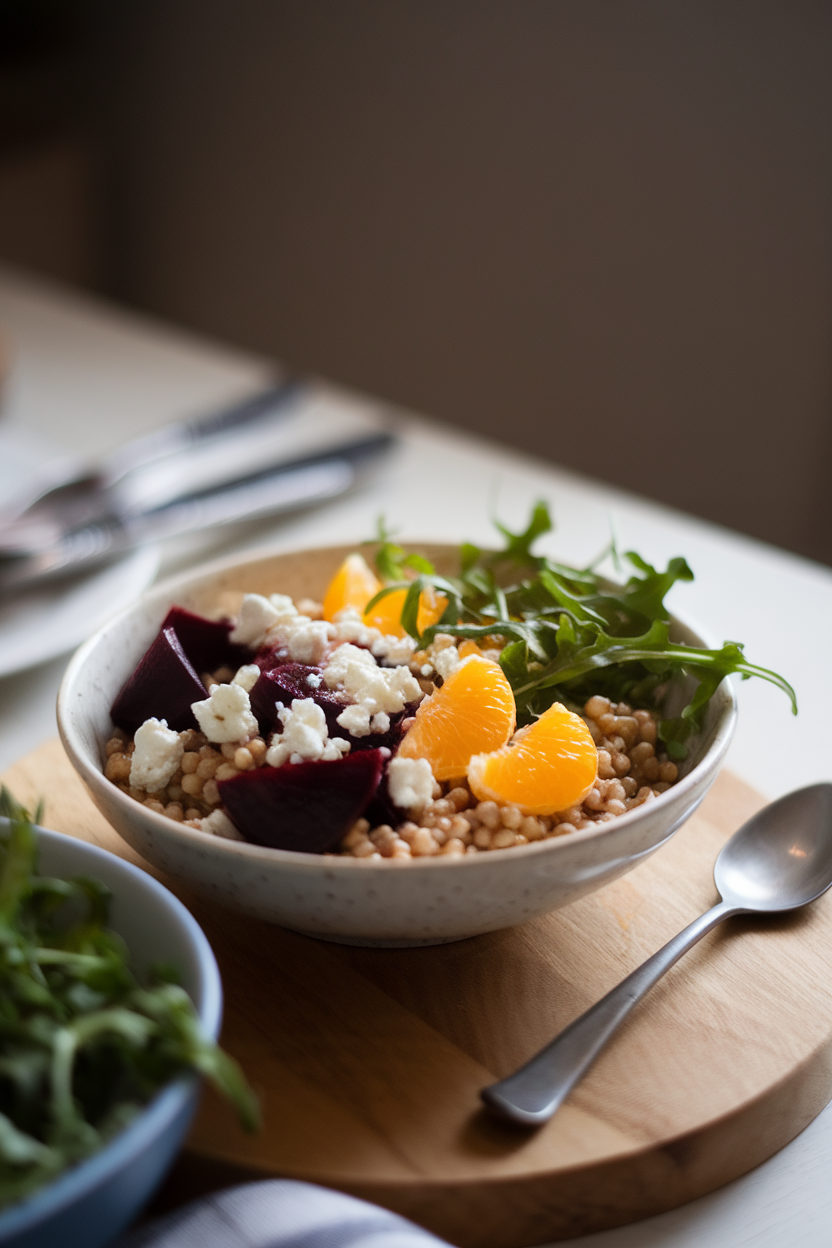 Photo of a softly lit indoor table with a bowl of pearled barley, roasted beet wedges, crumbled goat cheese, orange segments, and baby arugula. No text or logos anywhere.