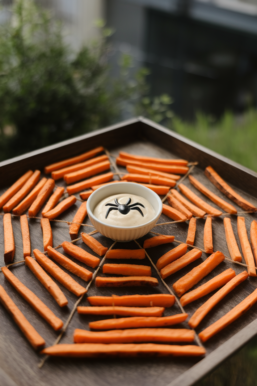 Photo of baked sweet potato fries arranged in concentric circles like a web, aioli spider in middle, indoor tray. No text or logos.