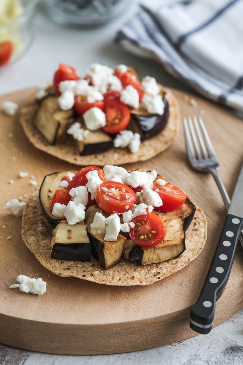 Photo of a crisp whole-grain tostada topped with roasted eggplant cubes, cherry tomatoes, and crumbled feta, indoor kitchen scene. No text or logos anywhere.