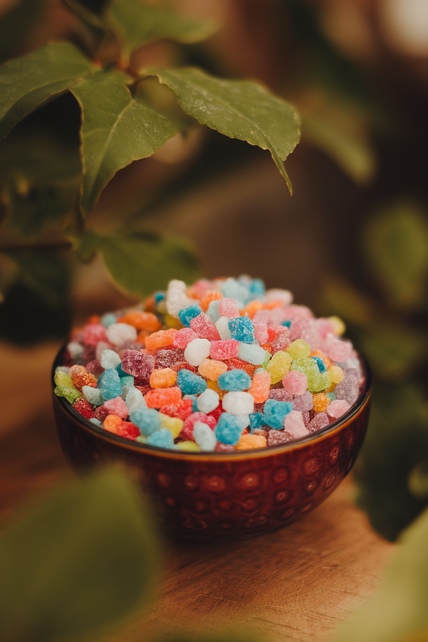 Photo of indoor bowl of tiny crackling candy crystals in assorted colors, close-up macro shot, no logos
