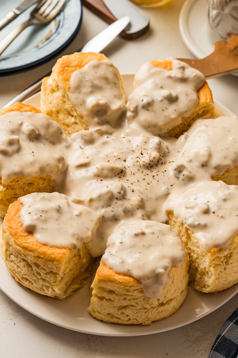 Indoor brunch scene featuring split buttermilk biscuits smothered in creamy sausage gravy flecked with black pepper, no text or logos. Photo.