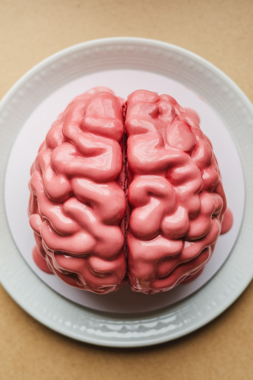 Indoor photo of a brain-shaped pink velvet cake with raspberry glaze pooling in crevices, shot from slightly above. No text or logos.