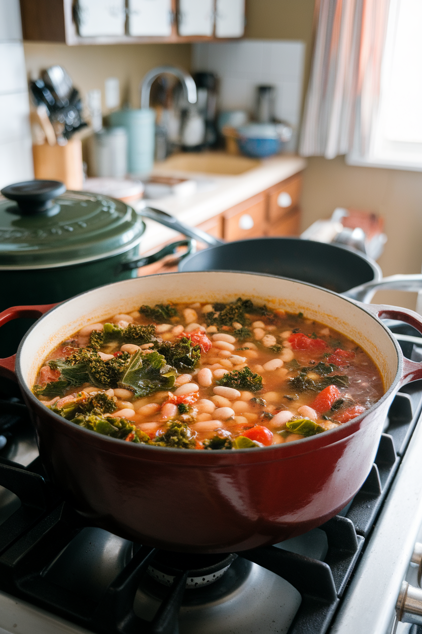 An indoor stovetop scene with a Dutch oven full of chunky white bean soup studded with kale and tomatoes. Photo only, no logos or text.
