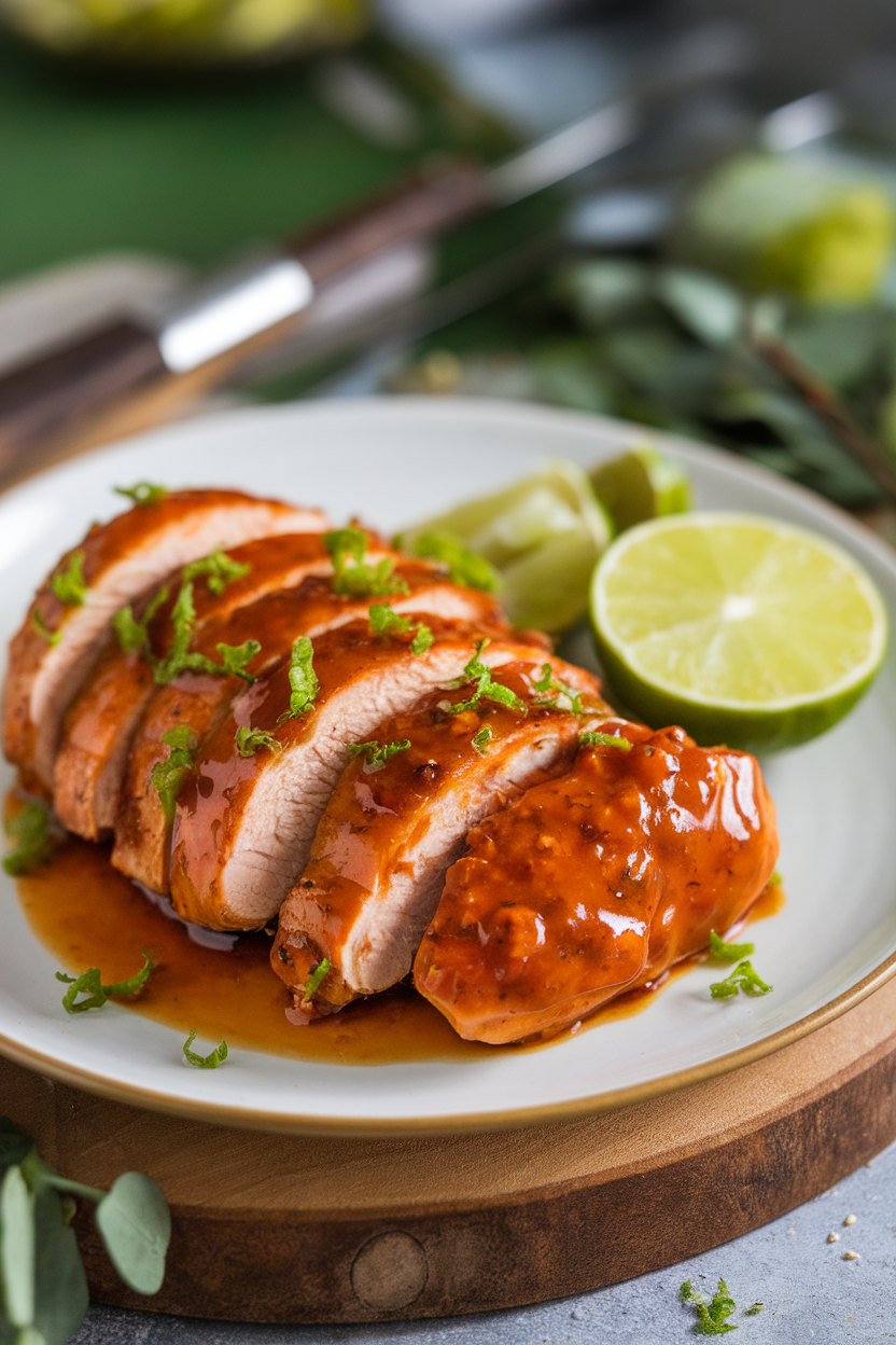 Indoor plate of glazed chicken breast slices with a glossy sweet-chili lime sauce, lime zest sprinkled over top. No logos. Photo.