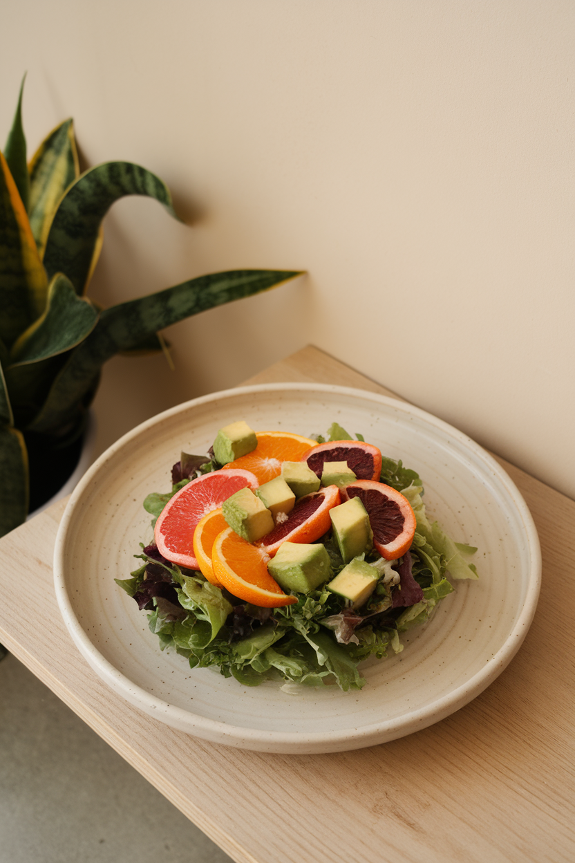 Indoor photo of mixed greens topped with avocado cubes and assorted citrus segments—grapefruit, orange, blood orange—on a pale ceramic plate; no text or logos.