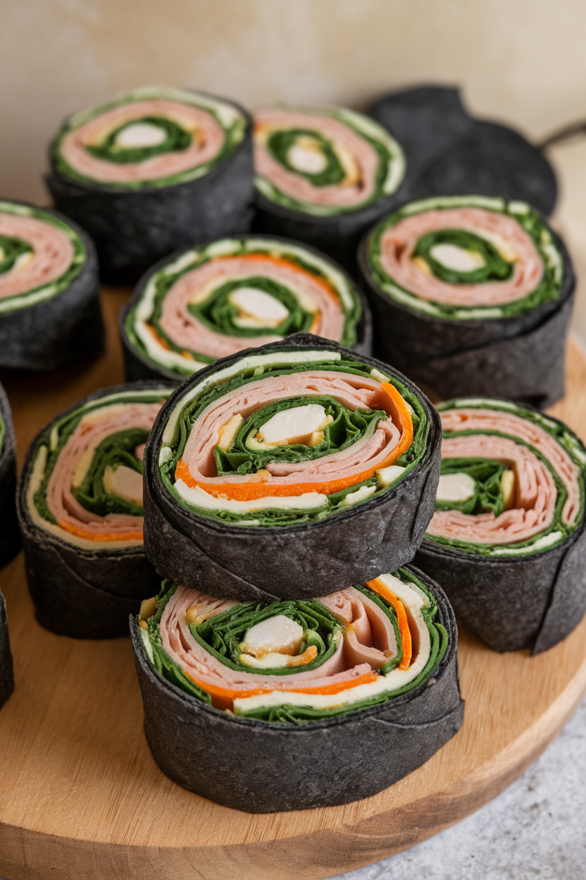 Photo of black tortilla pinwheels filled with turkey, spinach, and orange cheese, sliced and arranged indoors. No text or logos.