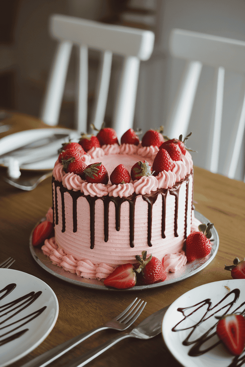 An indoor romantic dessert setting with a cake frosted in strawberry buttercream, chocolate ganache dripping down the sides, and fresh strawberries on top. No text or logos. Photo.