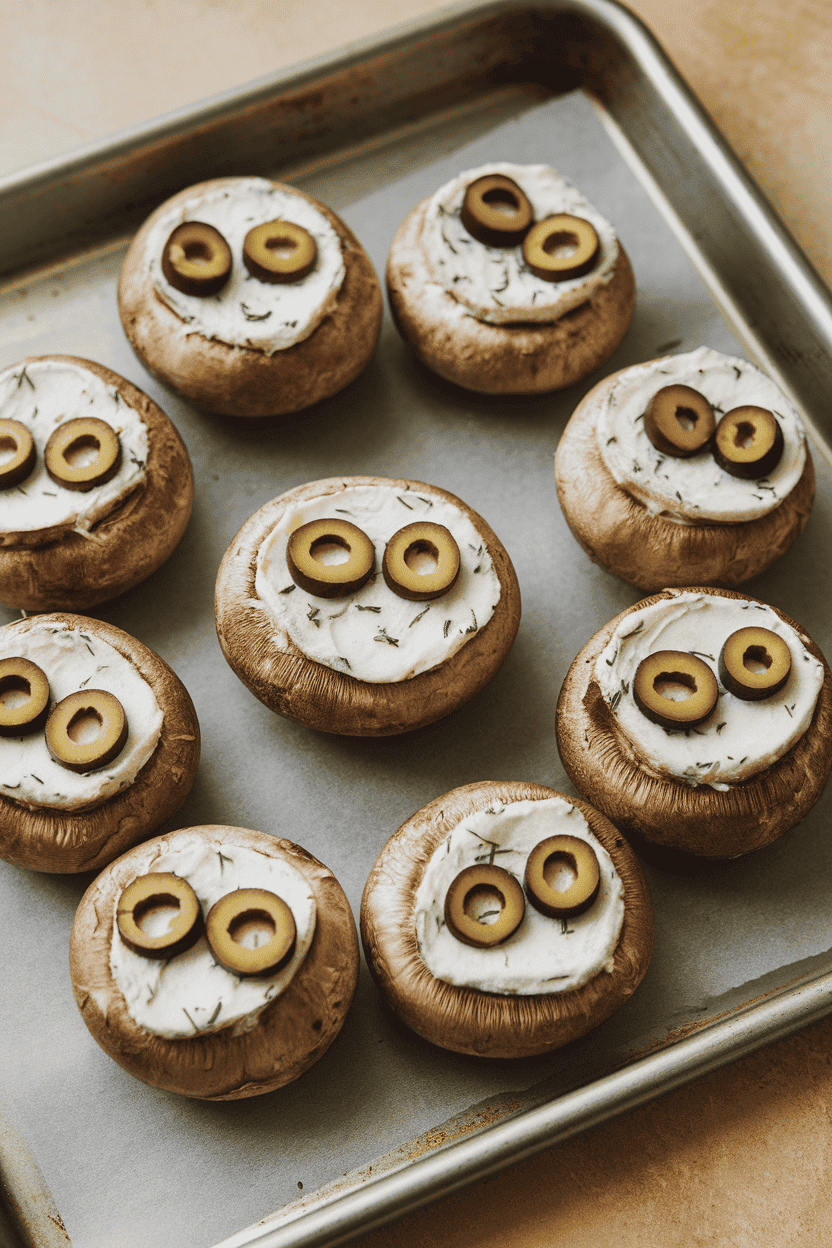 Indoor baking tray of mushroom caps stuffed with herb cheese, topped with olive slice eyes for ghostly faces. No text or logos.