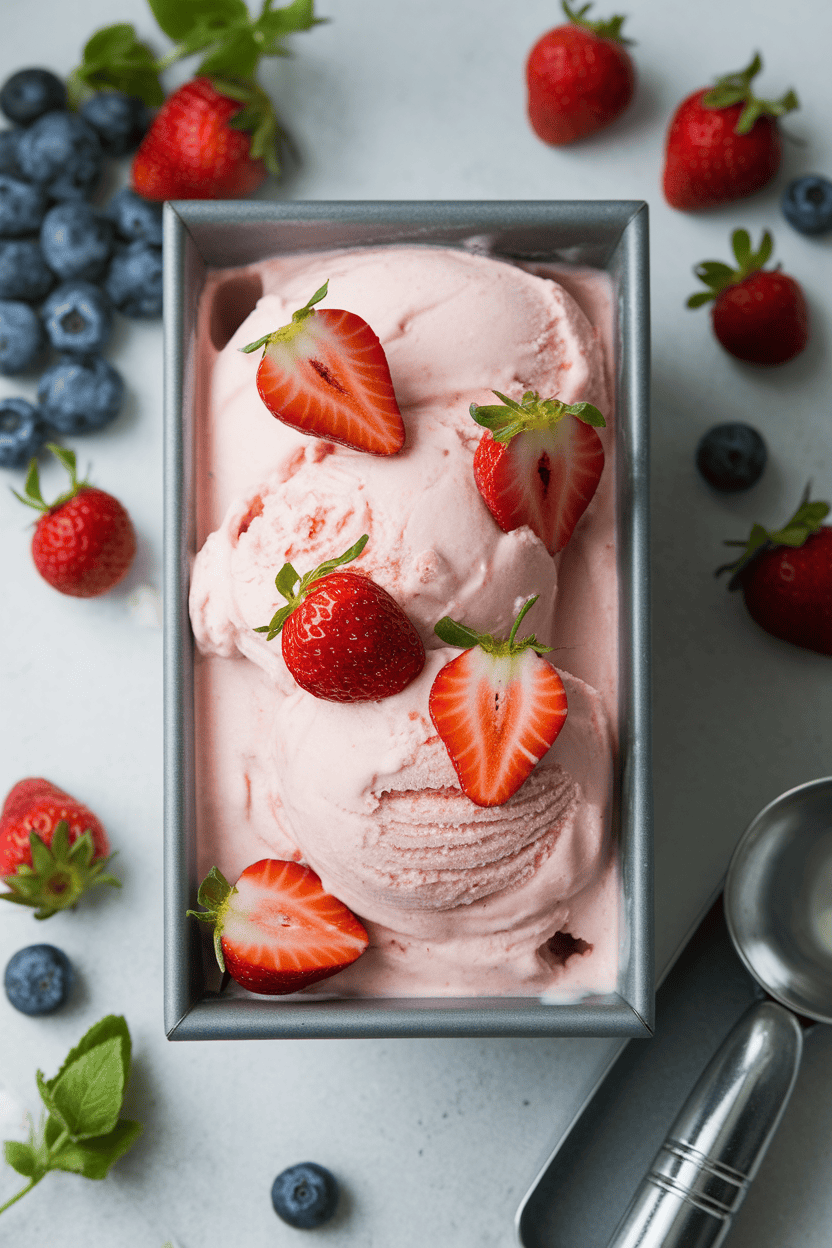 Indoor photo of a loaf pan filled with pale pink strawberry ice cream, fresh berry slices scattered around, metal scoop resting nearby, no text or logos