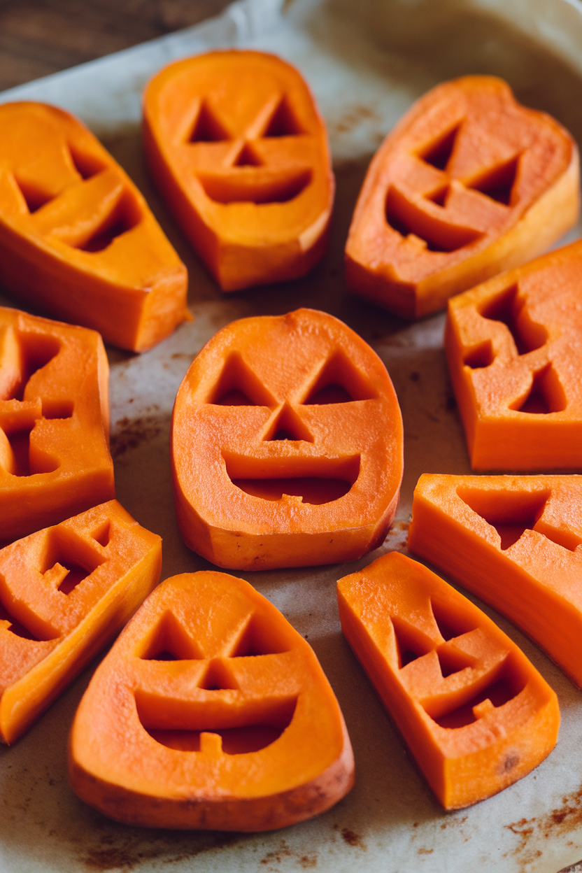 Indoor photo of bright orange roasted yam chunks arranged in a circle, each etched with shallow mouth and eye slits to resemble mini jack-o’-lantern faces, set on parchment. No text or logos.