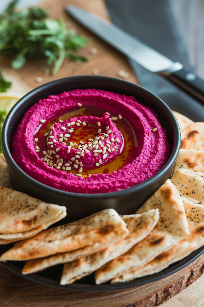 An indoor tabletop scene featuring a black ceramic bowl of vivid magenta beet hummus topped with a drizzle of olive oil and sesame seeds, with pita triangles nearby. Photo, no text or logos.