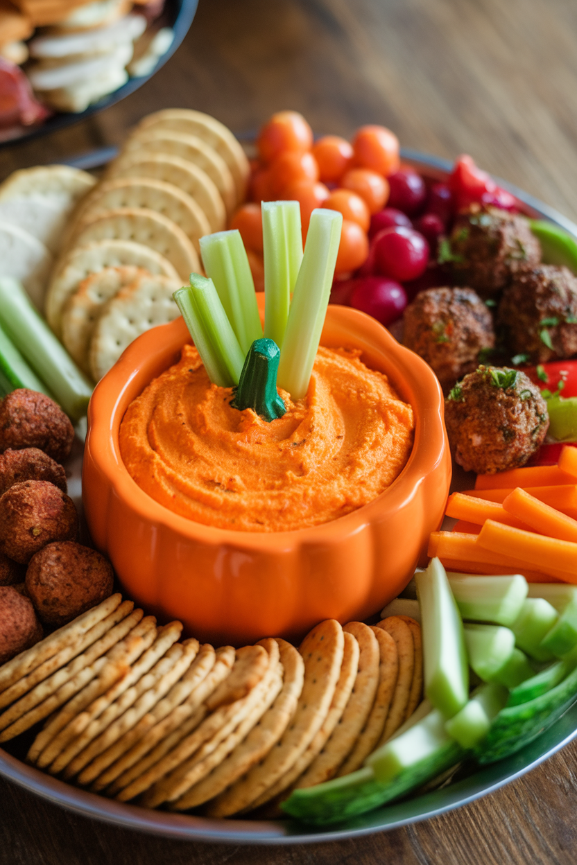 An indoor party platter with a pumpkin-shaped ramekin of orange pimento cheese dip, small celery sticks arranged like a stem. Photo, no text or logos.