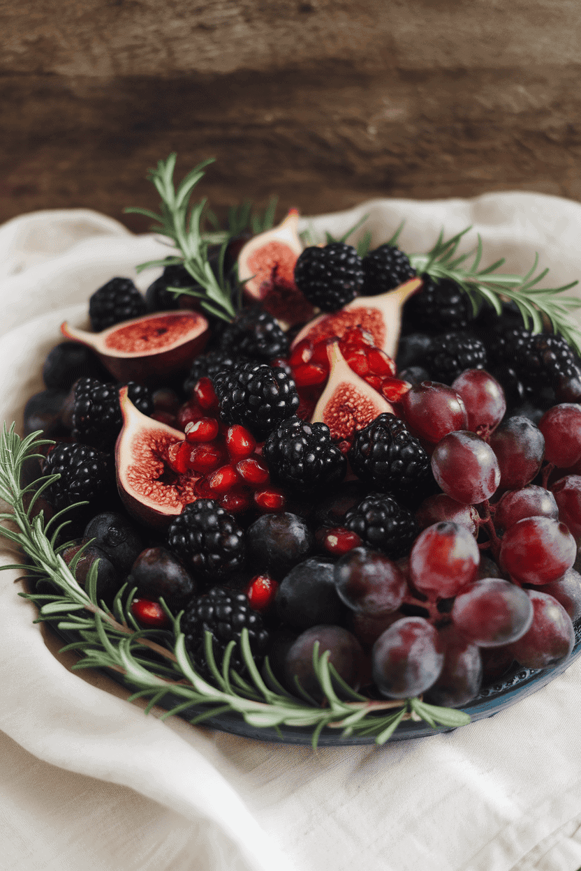 Indoor platter of blackberries, figs, red grapes, and pomegranate seeds arranged among sprigs of rosemary to evoke a forest floor. No text or logos.