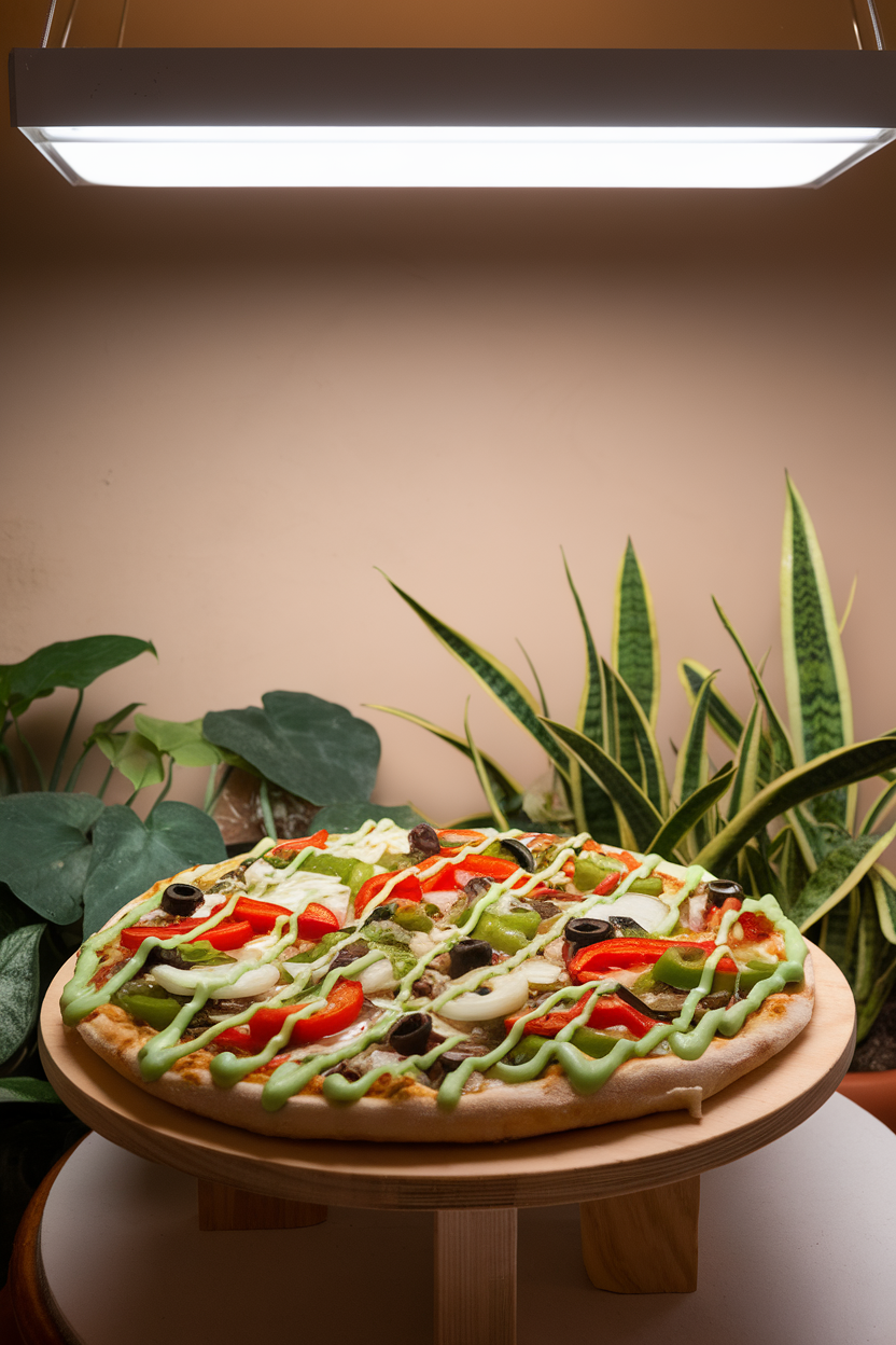 A glowing neon-green ranch drizzled pizza topped with assorted veggies under indoor fluorescent lighting. Photo only, no text or logos.