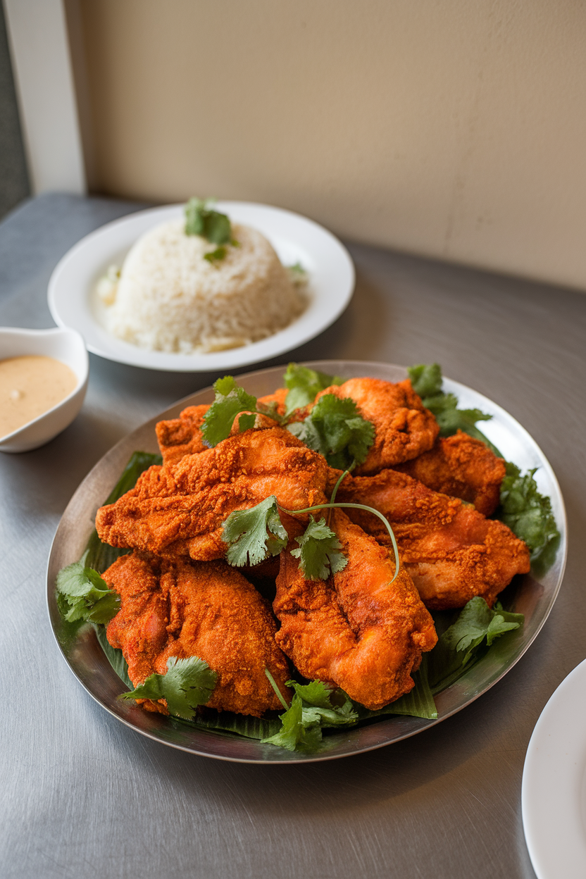 Indoor table with fried chicken breasts tinted orange from tandoori spices, cilantro garnish, photo only, no text or logos